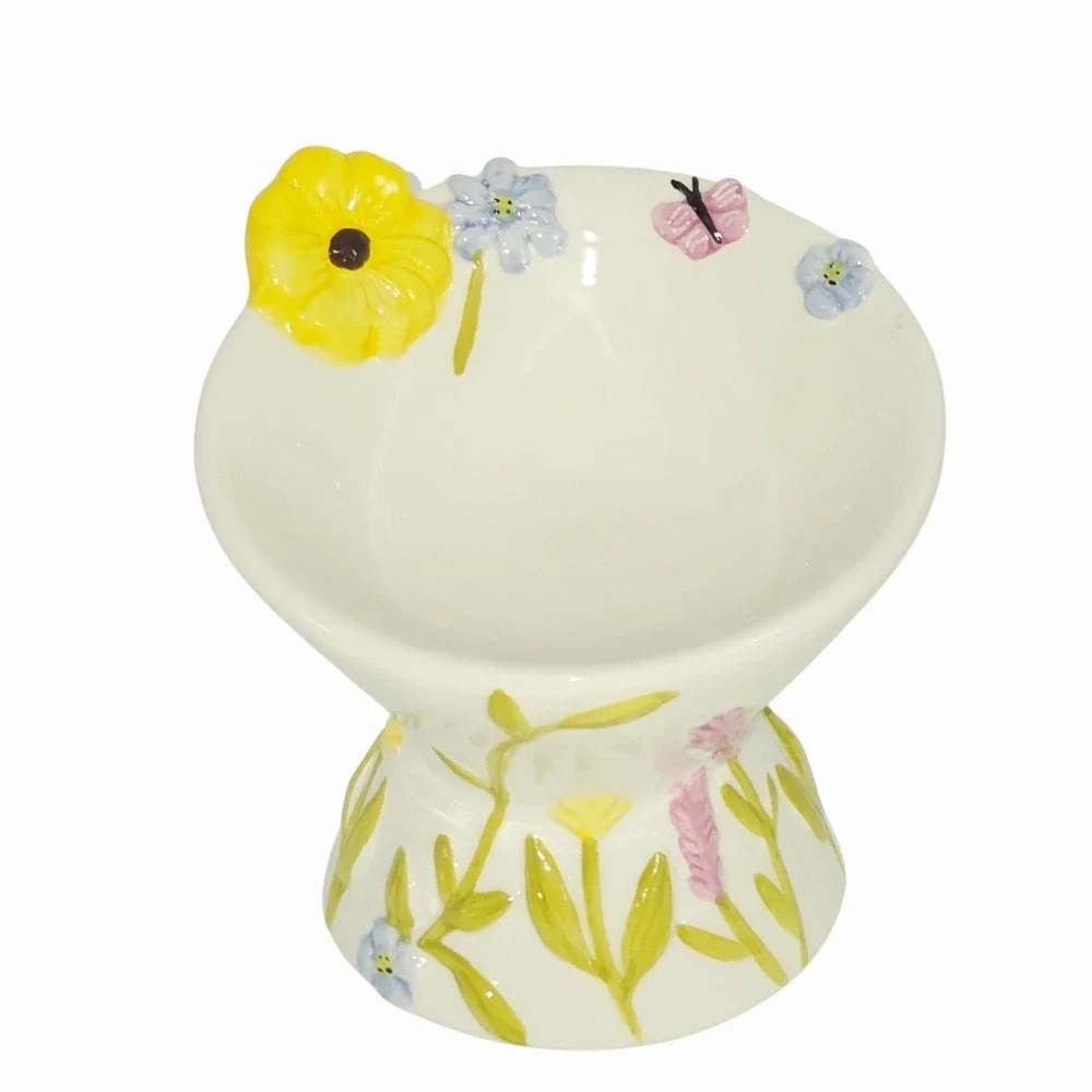 Mellow & Mod Raised Ceramic Cat Food And Water Bowl Floral Embossed Hand Painted